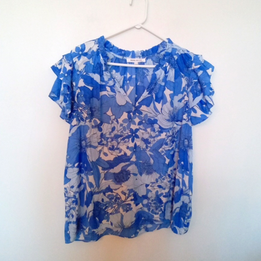 Rose +Olive Floral Flutter Sleeve V-Neckline Top